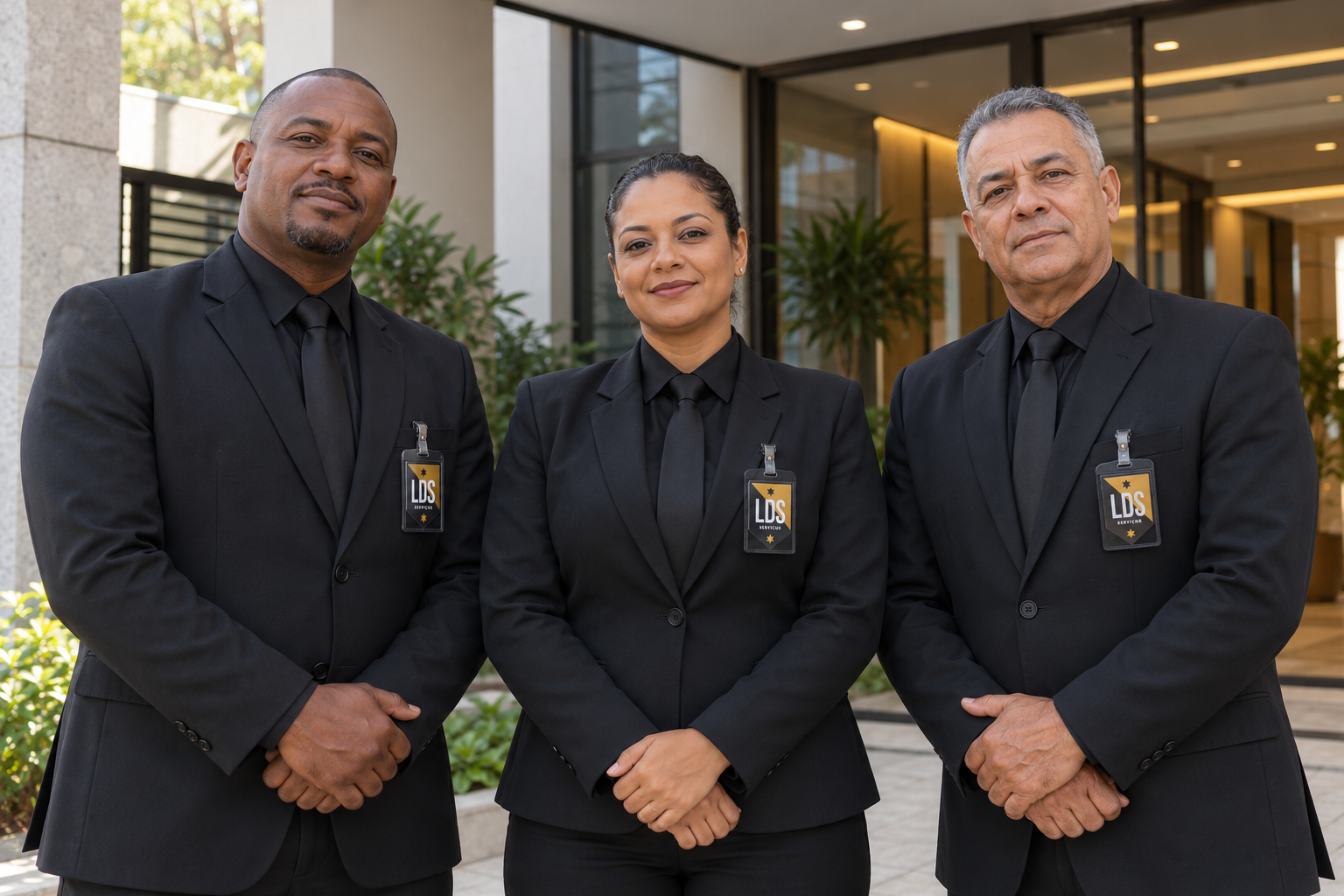 Composição ilustrativa de profissionais com uniforme e crachá LDS